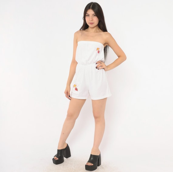 80s Terry Cloth Romper White Strapless Playsuit Beach Umbrella Embroidered Pocket Tube Top Shorts One Piece Bobbie Brooks Vintage Small S