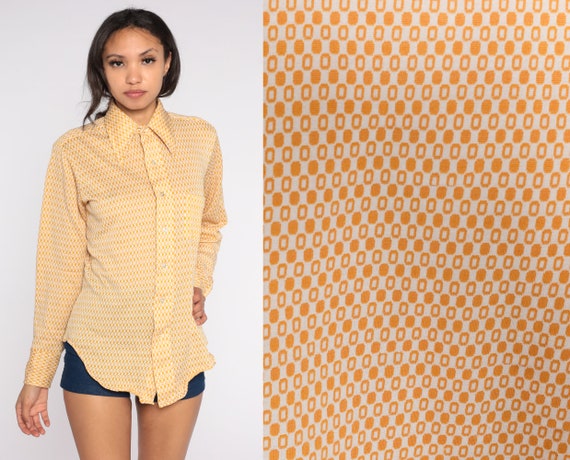 Polka Dot Shirt Geometric Blouse 70s Disco Top Bohemian Shirt Mustard Yellow 1970s Hippie Psychedelic Long Sleeve Button Up Boho Large 15