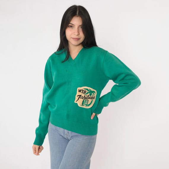 Vintage 50s Green Varsity Sweater Wool Pullover V Neck W'59 Tahitians Chenille Patch Letterman School Uniform Class Sweater 1950s Medium M