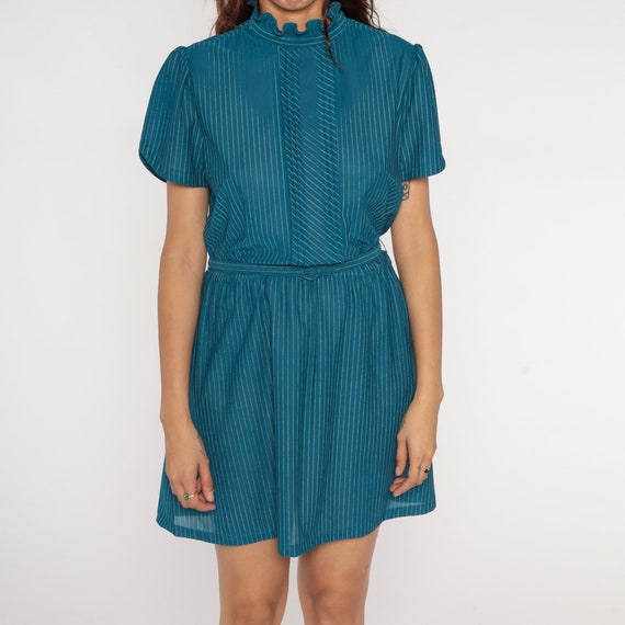Puff Sleeve Dress Teal Mini 70s Secretary Dress S… - image 9
