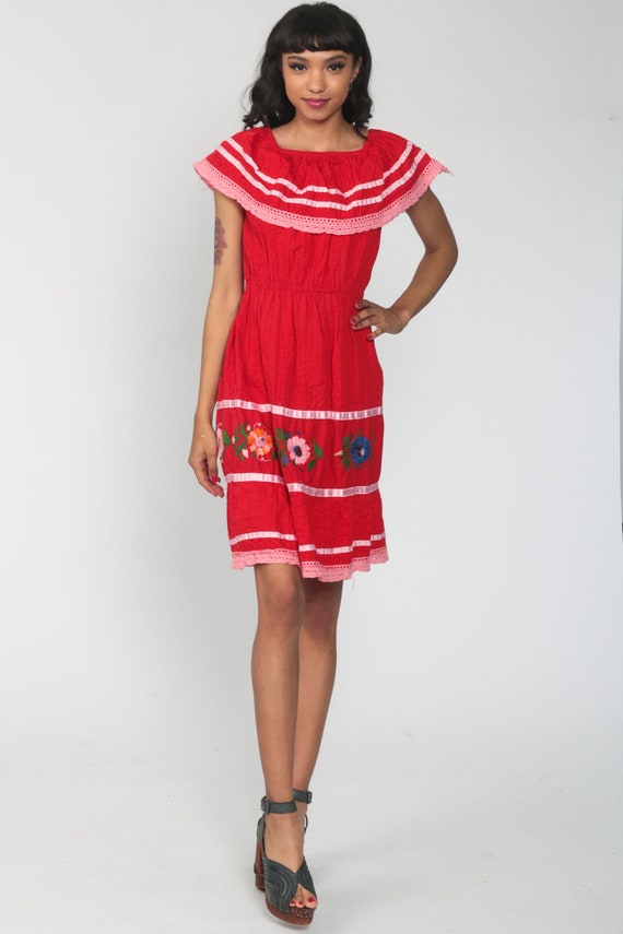 Red Bohemian Dress Midi OFF SHOULDER Dress Mexica… - image 2