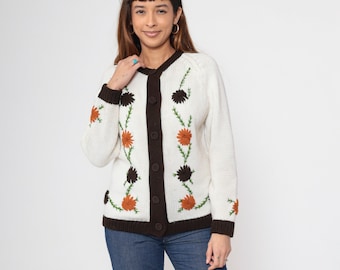 70s Floral Embroidered Cardigan Sweater White Acrylic Knit Bohemian Sweater 1970s Grandma Hippie Boho Raglan Sleeve Vintage Medium