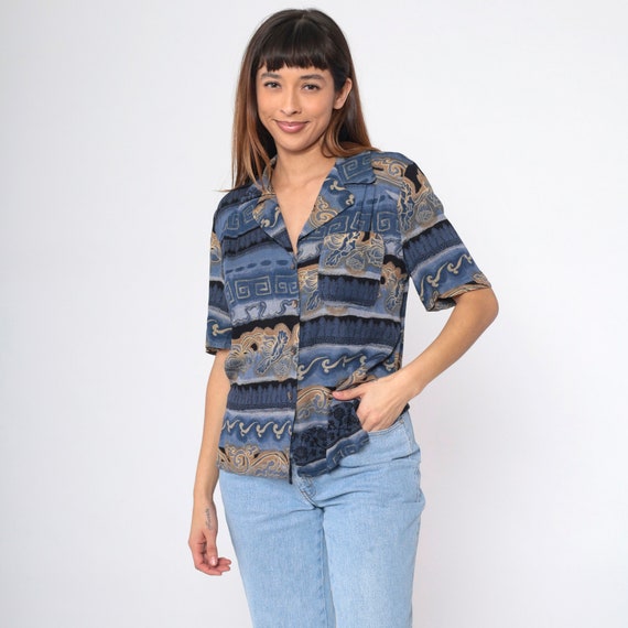 Striped Floral Shirt 90s Greek Key Print Button Up Blouse Blue Retro Summer Top Short Sleeve Geometric Bohemian Rayon 1990s Vintage Small S
