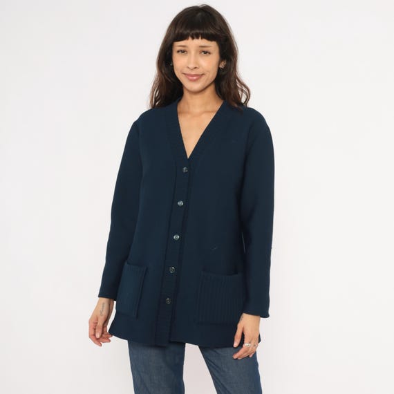 70s Navy Cardigan Button Front V Neck Knit Sweater Patch Pocket Long Sleeve Dark Blue Ribbed Trim Grandpa Style Academic Vintage Top Large L
