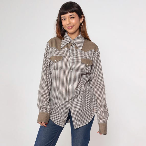 Vintage Brown Gingham Western Shirt 70s Embroidered Cow Pearl Snap Plaid Top Checkered Long Sleeve Button Up 1970s Rodeo Men's Large L