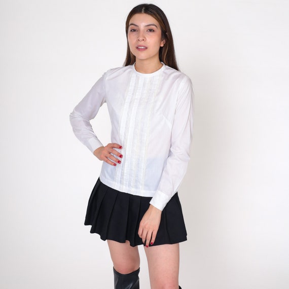 Off-White Pleated Blouse 70s Tuxedo Lace Top Long Sleeve Button Back Shirt Formal Party Dress Shirt Vintage 1970s Small S