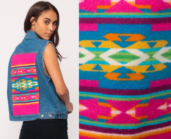 Denim Vest Top 90s Jean Vest PENDLETON Southwestern Vest Sleeveless Jean Jacket Southwest Tribal Blue Biker Top 1990s Vintage Medium