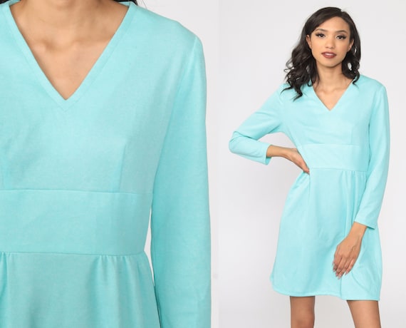 Blue Babydoll Dress 1970s Mod Mini Dress 70s Deep V Neck Dress Party Empire Waist Vintage Long Sleeve Plain Small S
