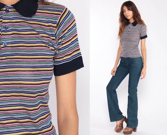 Striped Polo Shirt Rainbow Stripes Tshirt METALLIC Shirt 80s Polo Half Button Up Top 1980s Short Sleeve Shirt Vintage Retro Extra Small xs