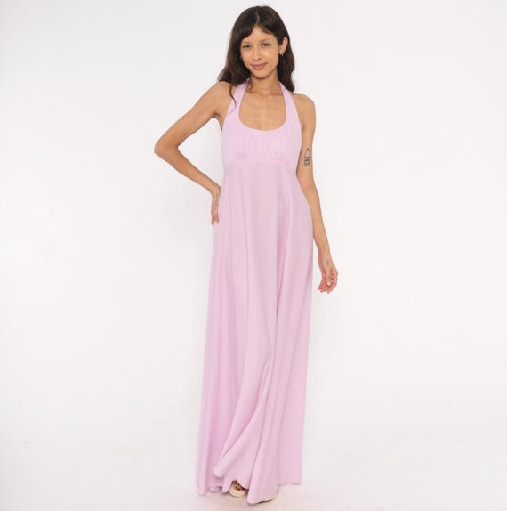 Lilac Halter Maxi Dress 70s Empire Waist Open Back Gown Lavender Purple Floor Length Scoop Neck Gathered Sleeveless Backless A Line Medium M