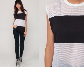 Mesh Shirt SHEER Tank Top 80s Sports Striped Sleeveless Top 1980s Retro Tee Vintage Cut Out Black White Top Color Block Extra Large xl