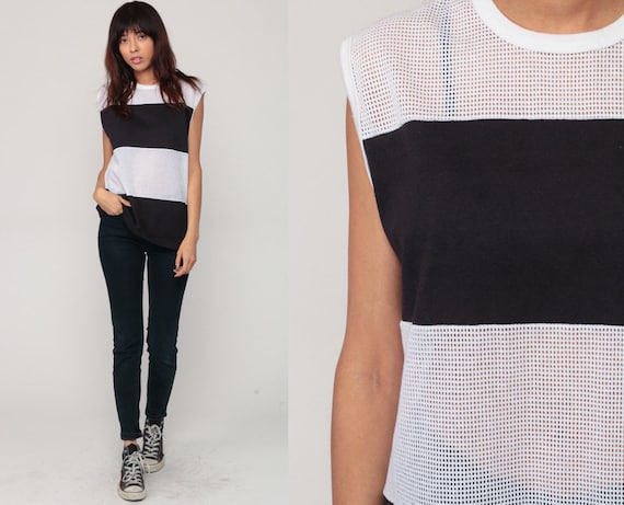 Mesh Shirt SHEER Tank Top 80s Sports Striped Sleeveless Top 1980s Retro Tee Vintage Cut Out Black White Top Color Block Extra Large xl