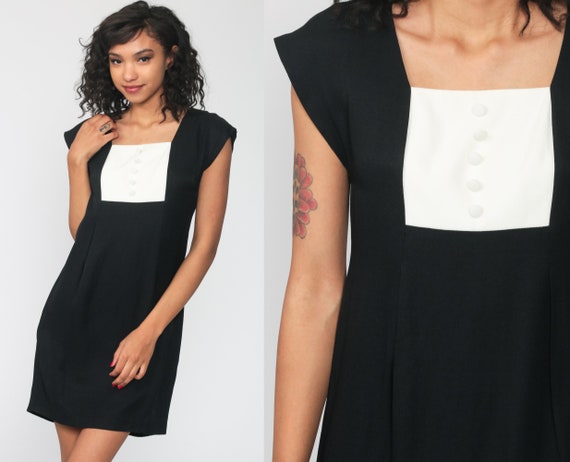 Black Bib Dress 90s Mini Party Sheath Dress Formal Off-White Cocktail Dress Wiggle Dress Vintage Cap Sleeve Dress Shift Small