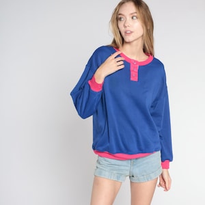Vintage Henley Sweatshirt 80s 90s Blue Pink Quarter Button Up Long Sleeve Shirt Plain Pullover Sweater Retro Basic Top 1980s 1990s Medium M