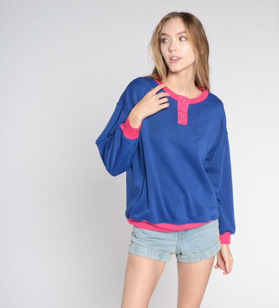 Vintage Henley Sweatshirt 80s 90s Blue Pink Quarter Button Up Long Sleeve Shirt Plain Pullover Sweater Retro Basic Top 1980s 1990s Medium M