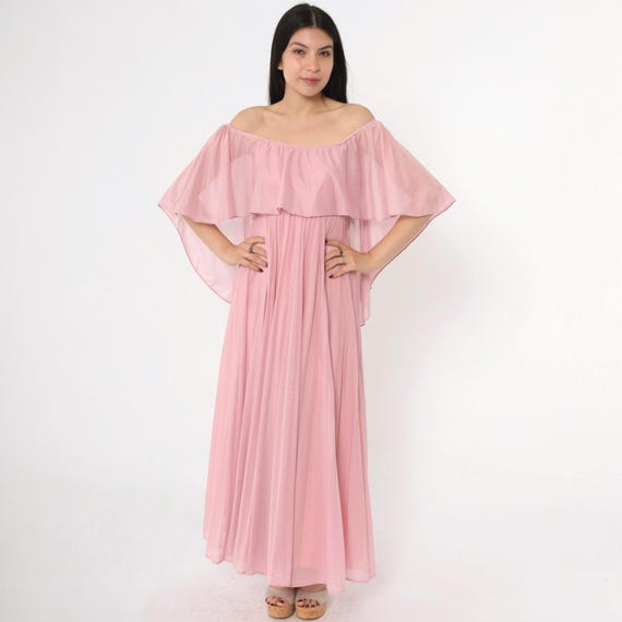 Vintage Grecian Maxi Dress 70s Party Pink Pleated Dress Flutter Sleeve 1970s Boho High Waist Capelet Gown Formal Evening Extra Small xs