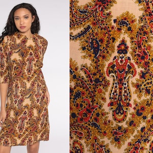 70s Paisley Dress Tan Floral Shift 60s Mod Hippie Boho Psychedelic Dress Abstract Pattern Vintage 1970s Bohemian Dress V Neck Medium M