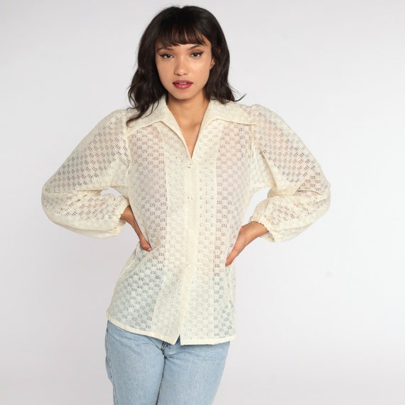 Cream Lace Blouse SHEER Lace Shirt 70s Boho Top Dagger Collar Button Up Vintage Romantic Bohemian Long Sleeve Medium