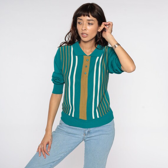 Striped Polo Sweater Teal Striped Sweater 80s Nec… - image 3