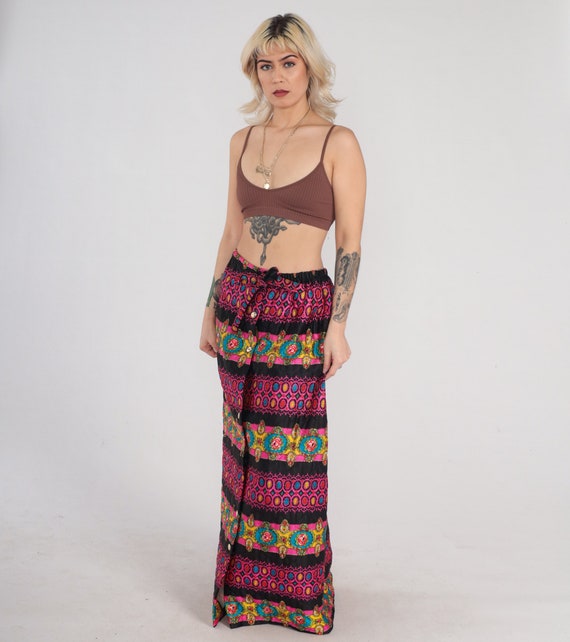 70s Maxi Skirt Floral Bohemian Skirt Long Quilted Striped Abstract Flower Print High Waist Button up Black Pink Vintage 1970s Medium Large