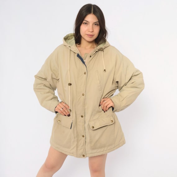80s Beige Hooded Parka Jacket Zip Front Snap Khaki Tan Drawstring Boxy Utility Coat Long Sleeve Gorpcore Unisex Vintage Extra Large XL