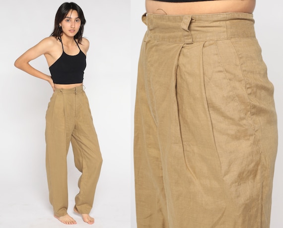 Linen Trousers 90s Olive Brown Pants Pleated Straight Leg Pants Retro High Waisted Rise Preppy Neutral Plain 1990s Vintage Extra Small xs 2