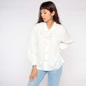 White RUFFLE Shirt Tuxedo Blouse 90s Boho Long Sleeve Button Up Victorian Vintage Bohemian 1990s Large 12