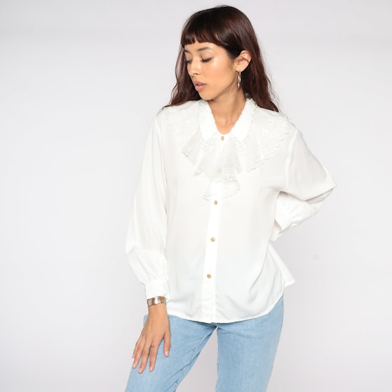 White RUFFLE Shirt Tuxedo Blouse 90s Boho Long Sleeve Button Up Victorian Vintage Bohemian 1990s Large 12