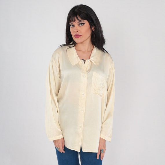 Cream Silk Blouse 90s Floral Embroidered Button Up Top Retro Long Sleeve Shirt Basic Chest Pocket Solid Simple Plain Lounge Vintage 1990s XL