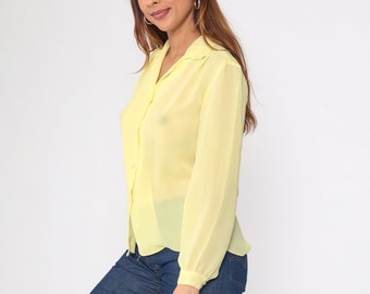 【30％OFF】 Sheer Yellow Blouse 70s Button up Shirt Floral Embroidered トップス