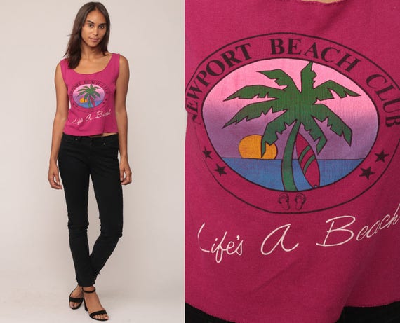 Palm Tree Tank Top 80s NEWPORT BEACH Shirt 1980s Vintage Tropical Beach Graphic Retro Tee Screen Print Purple Travel Small Medium