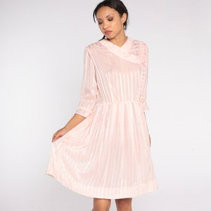 Baby Pink Striped Dress 70s 80s Mini Dress Sheer High Waisted Dress Rosettes Feminine Pleated Girly Boho Retro Day Vintage Medium Large