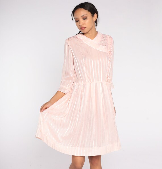 Baby Pink Striped Dress 70s 80s Mini Dress Sheer High Waisted Dress Rosettes Feminine Pleated Girly Boho Retro Day Vintage Medium Large