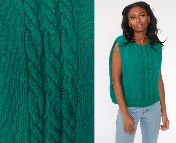Cable Knit Vest Top Sleeveless Sweater 80s Tank Green Vest 1980s Sleeveless Pullover Vintage Cableknit Medium Large
