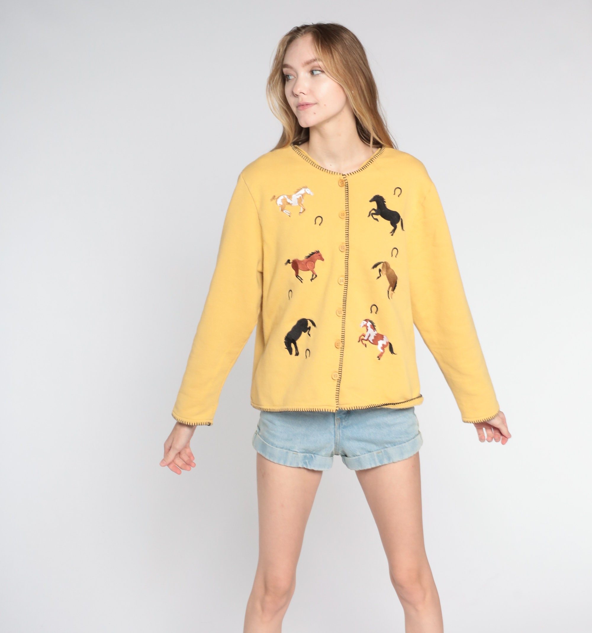 Horse Cardigan 90s Button up Sweater Embroidered Horses Horseshoes