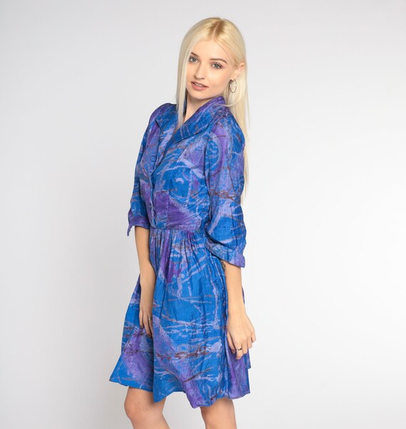 60s Mini Dress Blue Purple Silk Shirtwaist Dress … - image 5