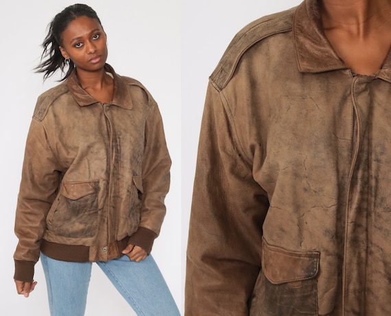 Leather Bomber Jacket Brown Leather Biker 80s Moto Coat Motorcycle Cafe Racer Jacket Flight 1980s Vintage Retro Men's Extra Large xl
