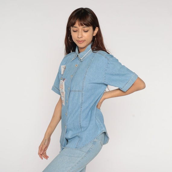 90s Denim Shirt Blue Jean Button up Top Studded G… - image 3