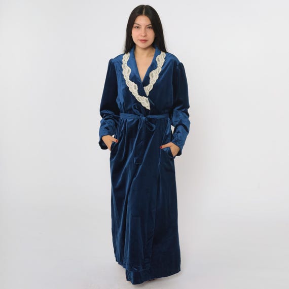 Vintage Blue Velvet Dressing Gown L 80s Lace Trim Robe Maxi Velour Pajama Jacket Housecoat Retro Lounge 1980s Belted V Neck Large