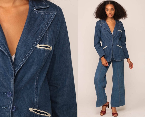 Denim Blazer Jacket 70s Jean Jacket Blue Western Boho Vintage Bohemian 1970s Button Up Hipster Women Coat Retro Collared Small