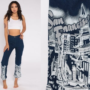 San Francisco Jeans Y2K Ankle Jeans Glitter Paint City Skyline Airbrushed Denim Pants Mid Rise Streetwear Vintage 00s Extra Small xs