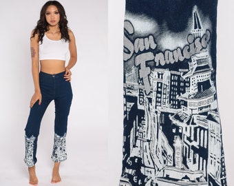 San Francisco Jeans Y2K Ankle Jeans Glitter Paint City Skyline Pantalones de mezclilla con aerógrafo Mid Rise Streetwear Vintage 00s Extra Small xs