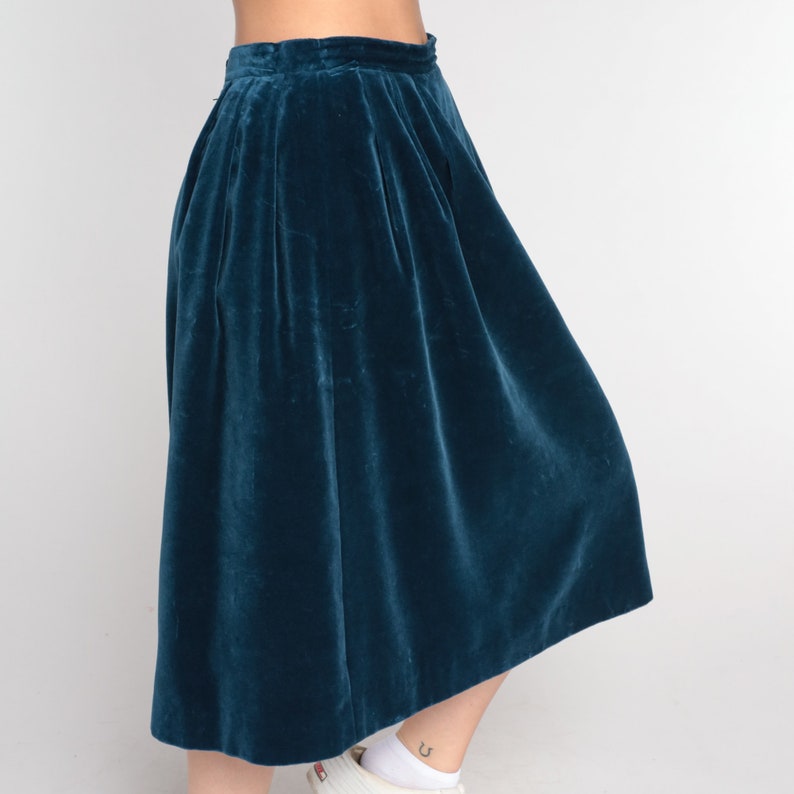 Blue Velvet Skirt Pencil Skirt 80s High Waisted Pleated Midi 1980s Party Skirt Gothic Retro Vintage High Waist Dark Blue Small 6 image 4