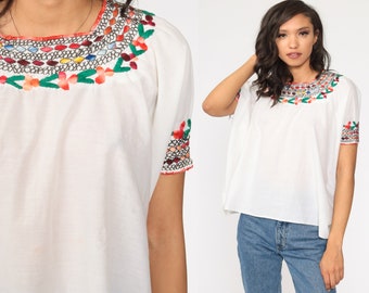 Embroidered Blouse Oversized Tent Top Floral Top Ethnic Hippie Shirt Tunic Top Boho Mexican Bohemian Festival White Short Sleeve Small