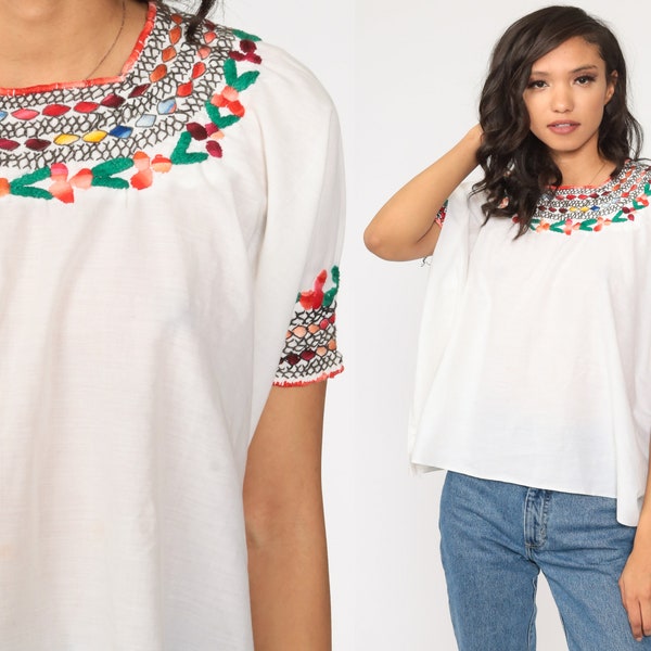 Embroidered Blouse Oversized Tent Top Floral Top Ethnic Hippie Shirt Tunic Top Boho Mexican Bohemian Festival White Short Sleeve Small