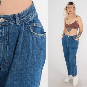 Pleated Mom Jeans 90s Tapered Jeans High Waisted Denim Pants 1990s Vintage Blue Paper Bag Jeans Medium 30