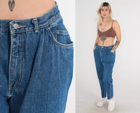 Pleated Mom Jeans 90s Tapered Jeans High Waisted Denim Pants 1990s Vintage Blue Paper Bag Jeans Medium 30