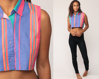 Blusa corta, camisa abotonada de los 80, top corto a rayas, top sin mangas de los 90, camisa brillante de verano, rosa, morado, con cuello, vintage, talla pequeña, mediana