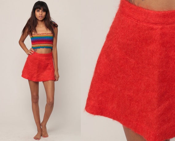 Mod Mini Skirt MOHAIR Skirt High Waisted 70s A LINE Skirt Aline Orange Fuzzy Skirt Preppy Retro 1970s Vintage Flared Extra Small xs