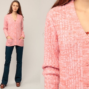 70s Cardigan Boho Sweater Space Dye Hippie Sweater Orange Pink 1970s Button Up dyed Seventies Acrylic Knit Retro Vtg Medium